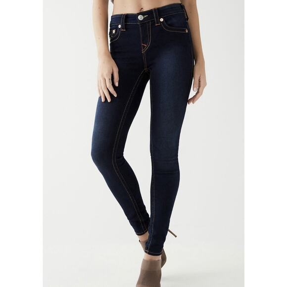 True Religion Halle Mid Rise Super Skinny Minimal Abrasion Dark Wash Jeans - Picture 1 of 10